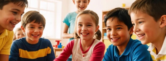 Spielende Kinder zwischen 5 und 15 Jahren sie spielen drinnen Es sind Jungs und Maedchen dabei Ein Kind schaut in die Kamera